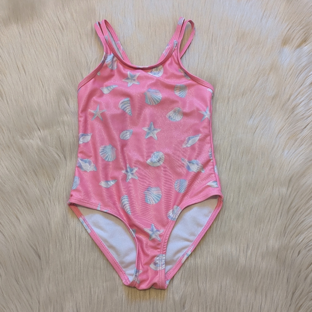 BMagical pink shimmer one price swim suit with seashell print size 4